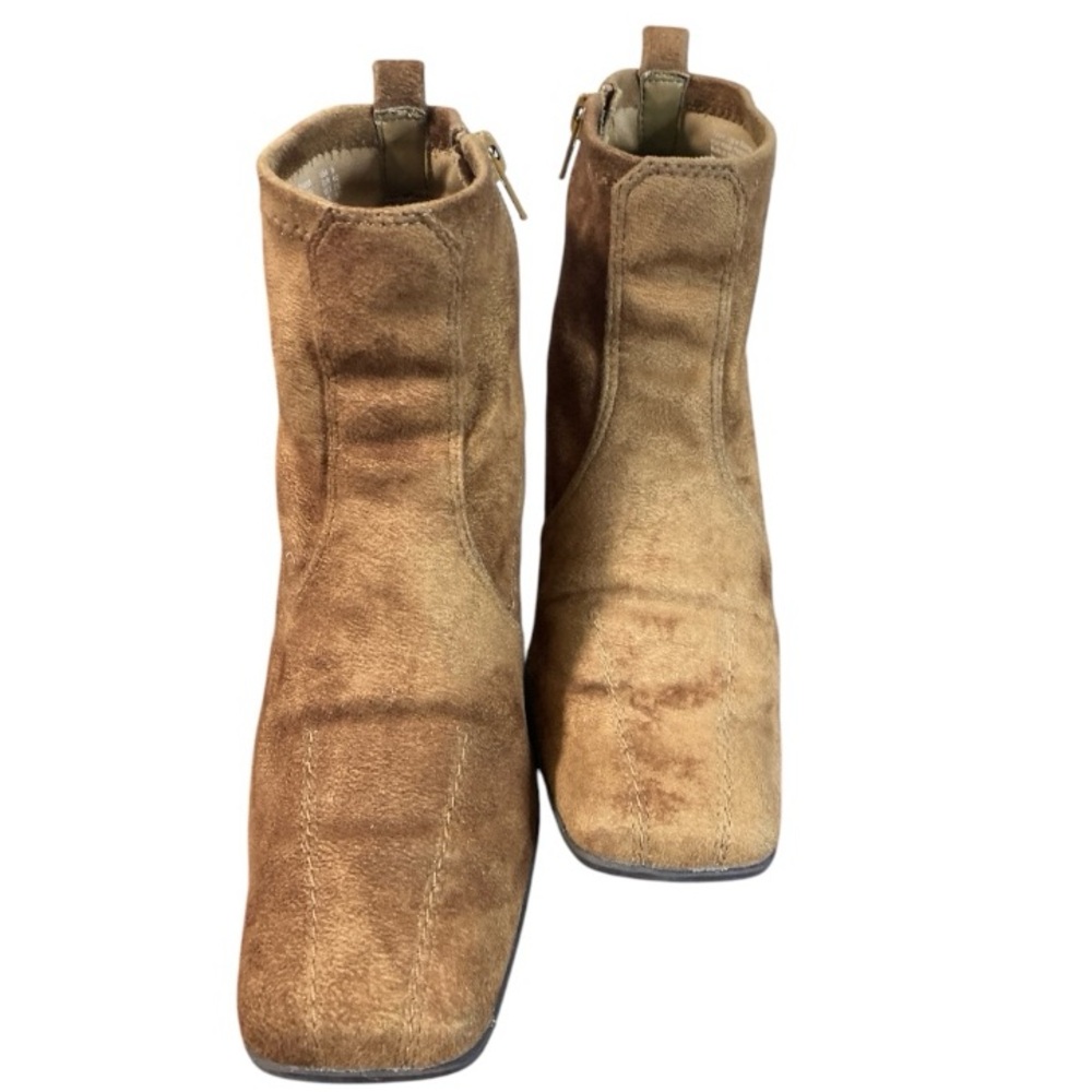 Tan Faux Suede Square Toe Ankle Boots Block Heel Vintage Boho Chic Size 8 Zip Up